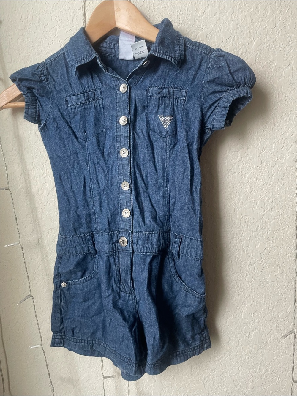 Guess Girls Dark Blue Denim Short Romper with Rhinestone Heart